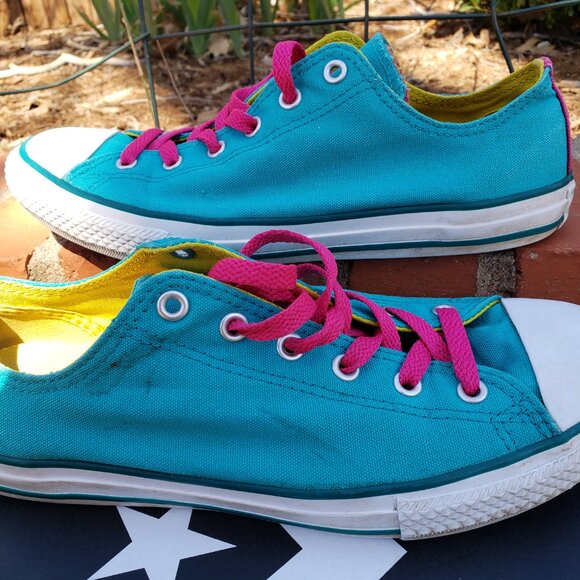 EUC CTAS Converse Double Tongue Mediterranean Blue/Pink 645147F (Jr. 6) KICKS - Picture 7 of 8